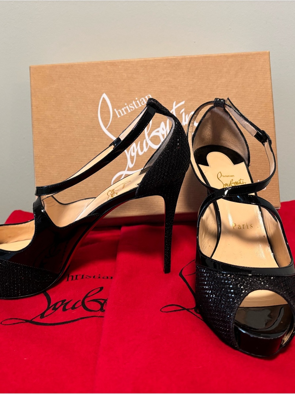 Christian Louboutin Black Glitter Peep-Toe Ankle-Strap Heels with Patent Trim - Picture 2 of 5